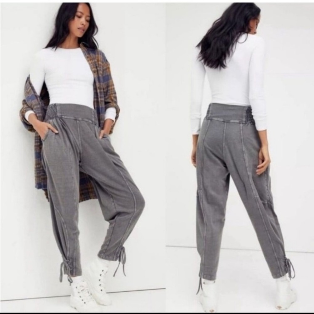 Free People FP One Billie Smocked Waist, Pleated, Lace-Up Gray Pants. Size L